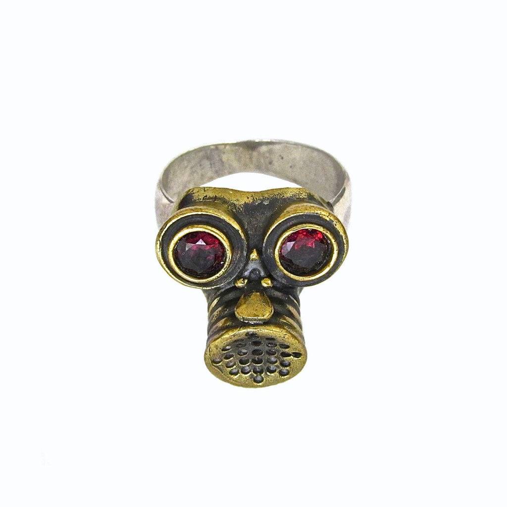 Custom Designer Gas Mask Ring with Garnets in Rock Star Brass and Sterling Silver Band by Dax Savage Jewelry