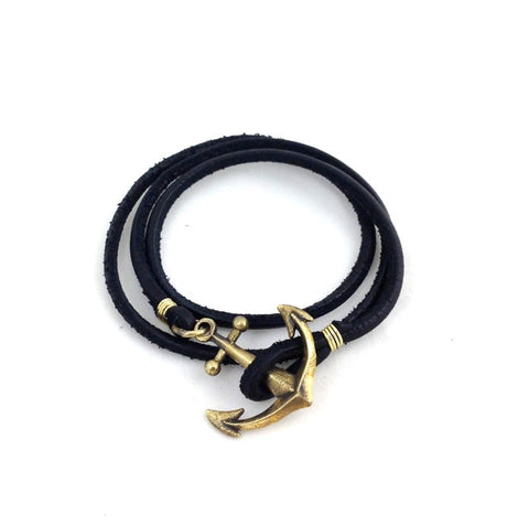 Anchor and Leather Wrap Bracelet
